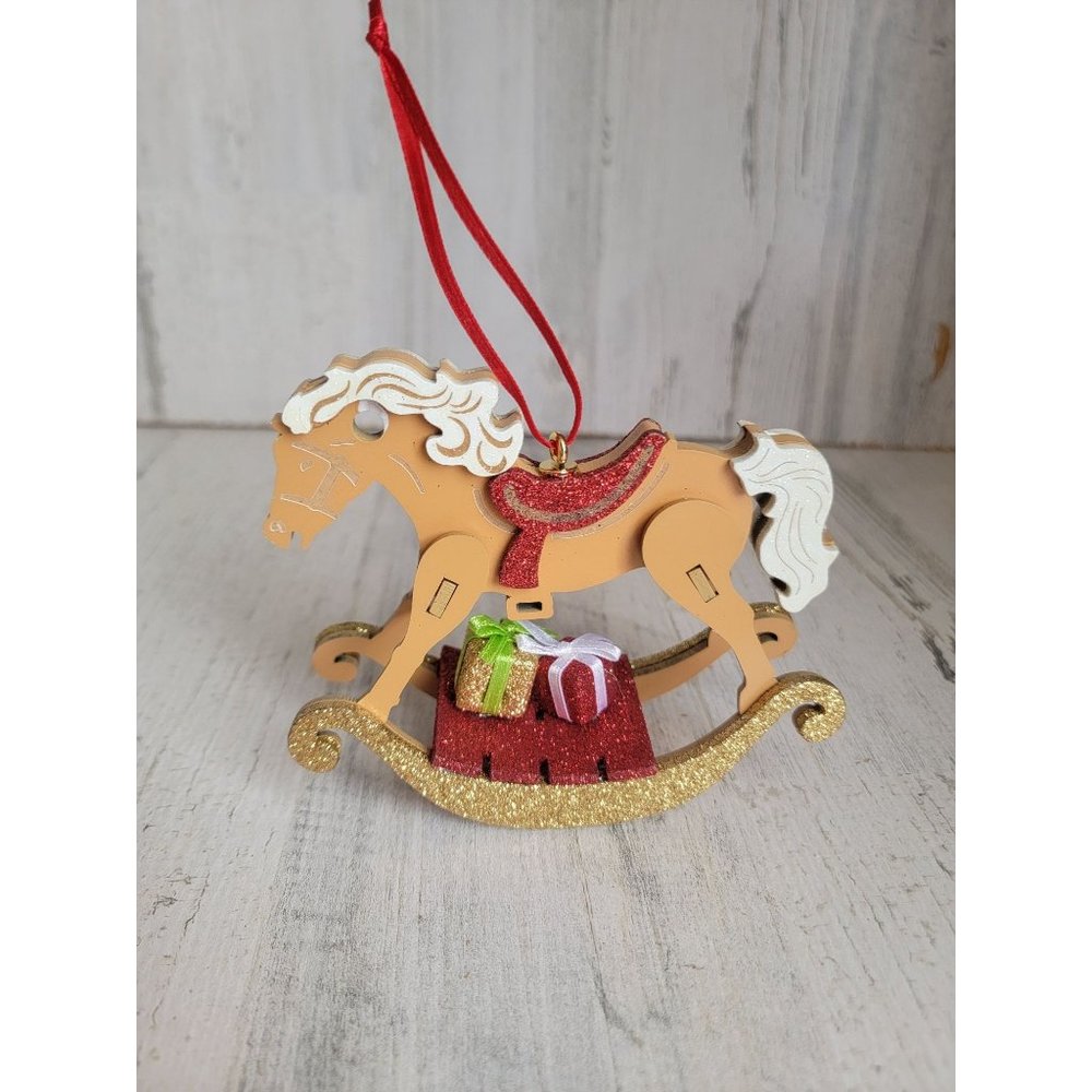 Wooden 3D glitter rocking horse present ornament‎ Xmas